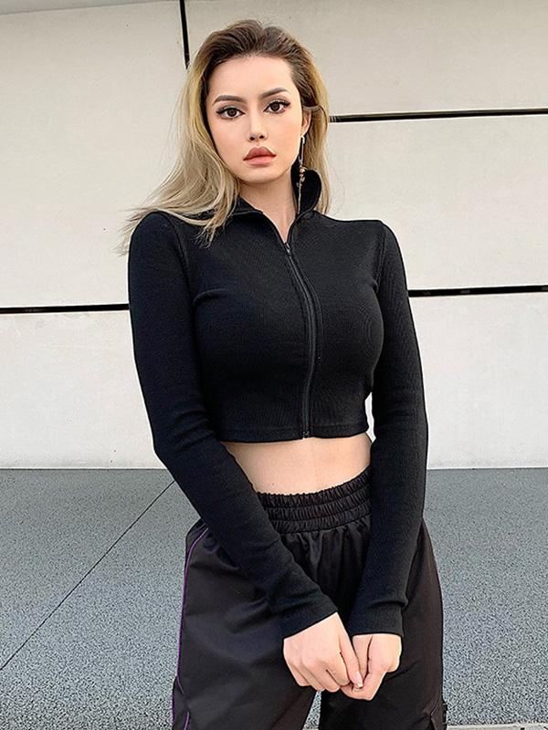 Fashion Solid Wrap Zipper Exposed Navel Sweat Shirts