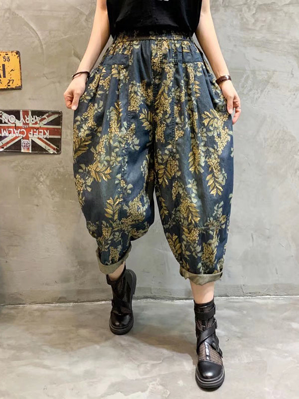 Vintage High-Waisted Floral Printed Harem Jean Pants Bottoms