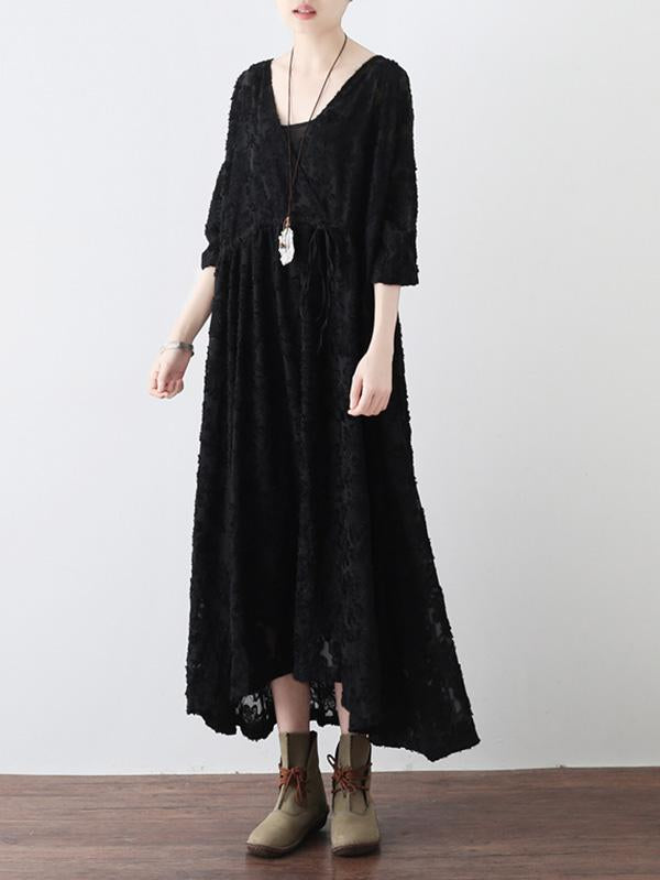 Loose Lace Hollow Cropped V-Neck Long Dress