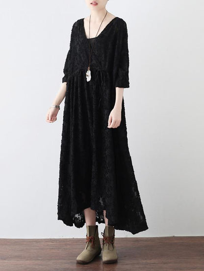Loose Lace Hollow Cropped V-Neck Long Dress