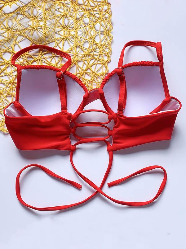 Solid Color Ruffled Bandage Split Bikini Swimsuit