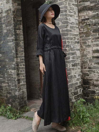 Color Blocking Tencel Linen Round-neck Long Dress