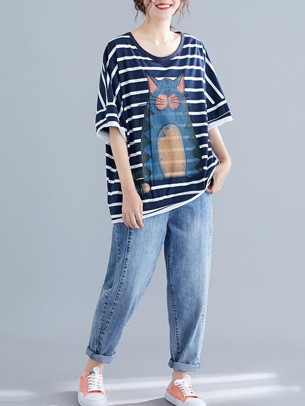 New Loose Oversize Printed Striped T-Shirt