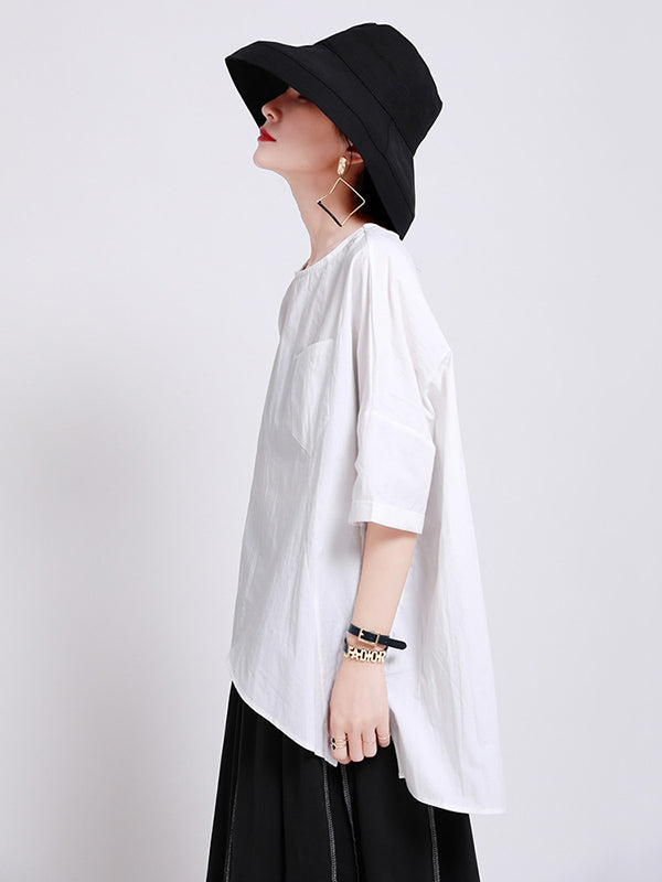 Casual Split-Back Split-Joint With Pocket Solid Color Round-Neck Half Sleeves T-Shirt