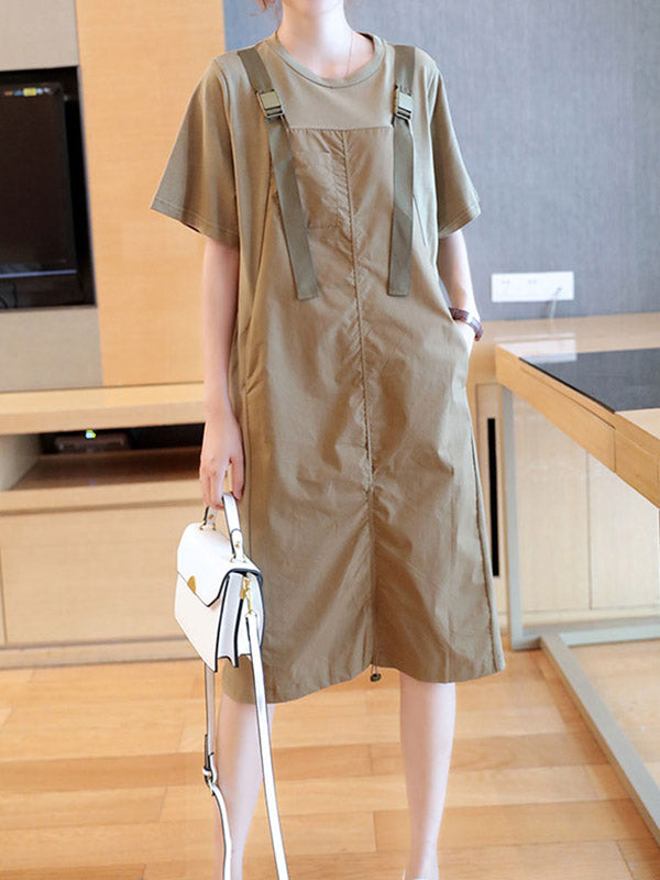 Original Casual Loose Solid Color Split-Joint Round-Neck Half Sleeves False Two Midi Dress
