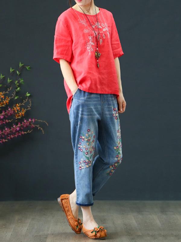 Loose Embroidered Jean Pants