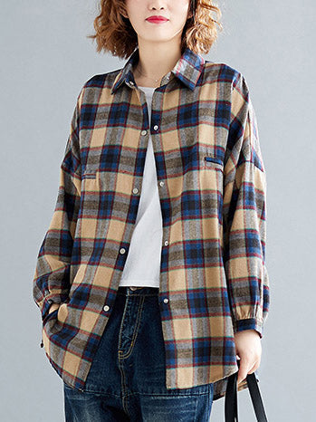 Artistic Retro Plaid Buttoned Lapel Collar Long Sleeves Blouse
