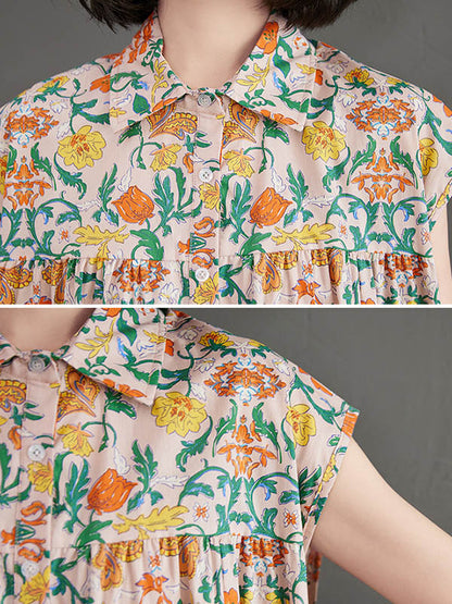 Artistic Retro Floral Printed Pleated Buttoned Lapel Collar Short Sleeves Midi Dress