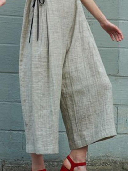 Lace-up Round-neck Sleeveless Wide Leg Jumpsuits