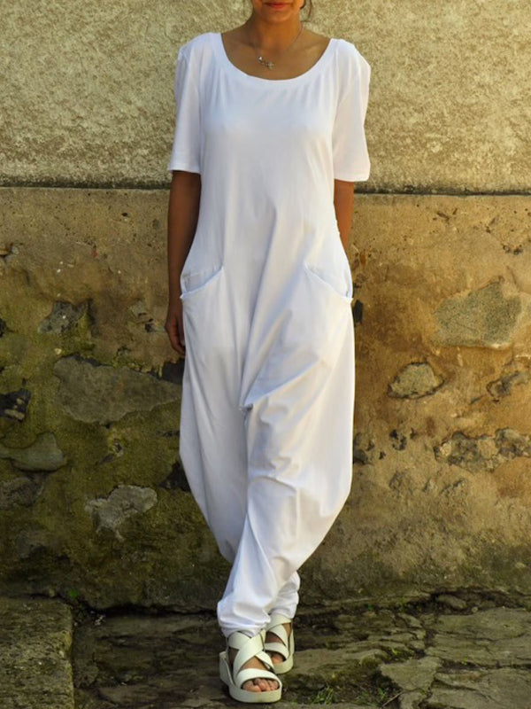 Casual Solid Color Split-Joint With Pocket Round-Neck Half Sleeves Wide Legs Jumpsuit