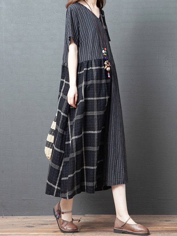 Artistic Retro Loose Split-Joint Striped Plaid V-Neck Short Sleeves Midi Dress