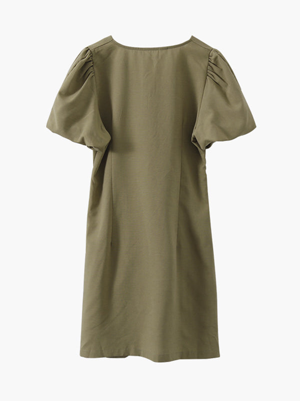 Urban Pleated Solid Color V-Neck Bishop Sleeve Mini Dress