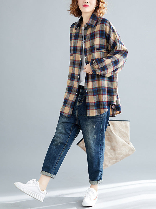 Artistic Retro Plaid Buttoned Lapel Collar Long Sleeves Blouse