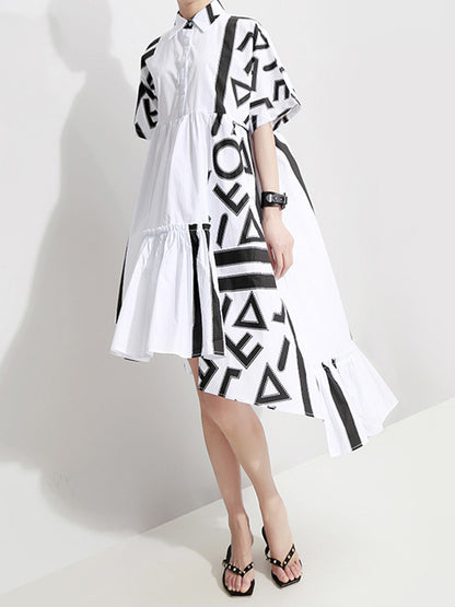 Loose Asymmetric Printed High-Low Lapel Split-Joint Midi Dress