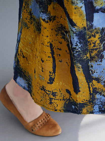 Artistic Retro Floral Printed Split-Joint Pleated Round-Neck Half Sleeves Midi Dress