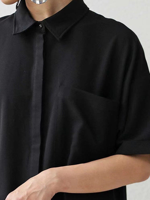 Casual Solid Color Buttoned Lapel Collar Half Sleeves Wide Leg Jumpsuits