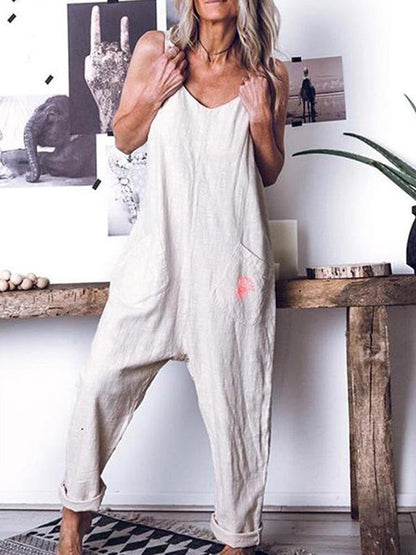 Loose High-waist Sleeveless Pockets Jumpsuit
