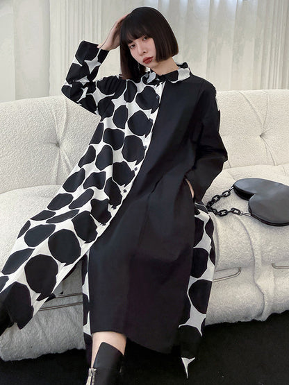 Stylish Irregular Polka-Dot Spit-Joint Buttoned Lapel Collar Long Sleeves Midi Shirt Dress