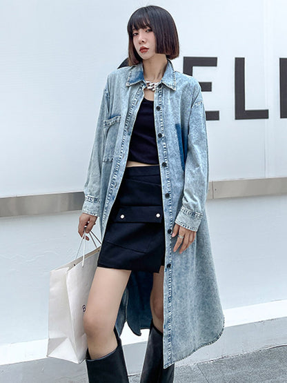 Simple Cool Raw Denim Split-Side Split-Joint With Pocket Buttoned Lapel Collar Long Sleeves Midi Shirt Dress