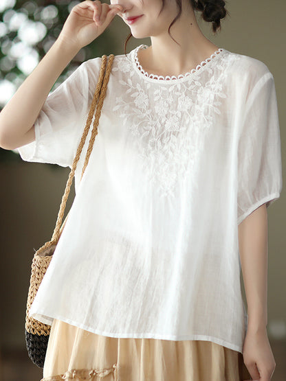 Artistic Retro Vintage Loose Ramie Cotton Embroidered T-Shirt Top
