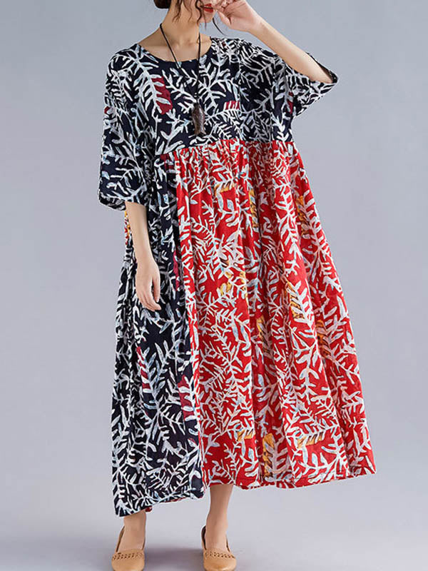 Original Printing Split-Joint Half Sleeve Midi Dress