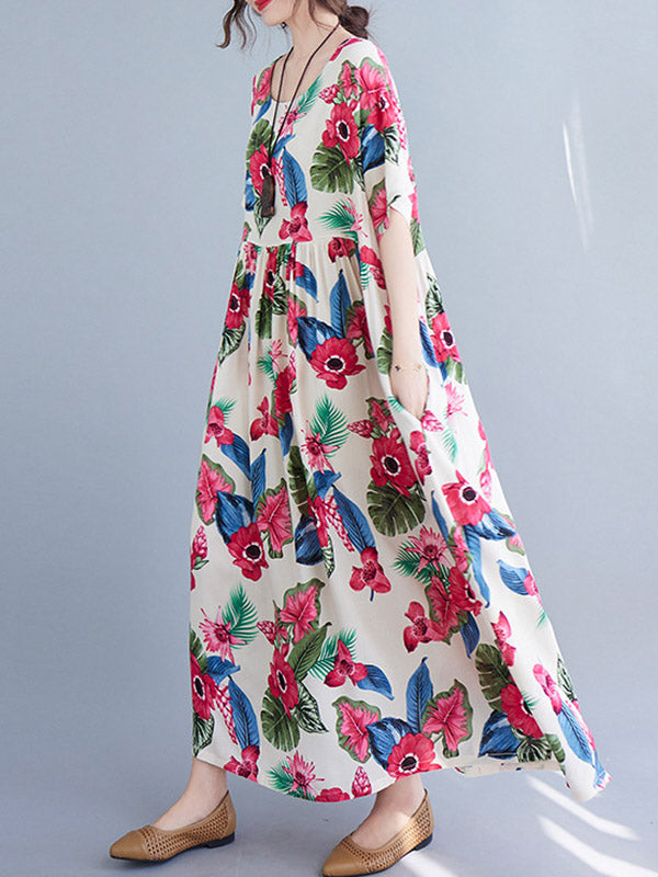 Artistic Retro Loose Floral Printed Pleated Round-Neck Half Sleeves Midi Dress