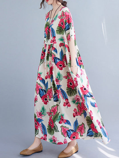 Artistic Retro Loose Floral Printed Pleated Round-Neck Half Sleeves Midi Dress