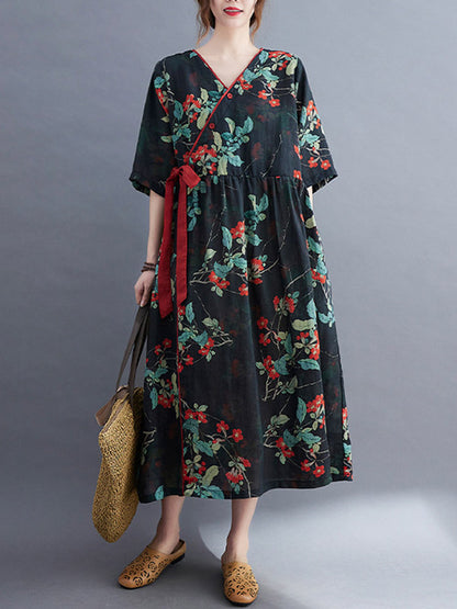 Artistic Retro Loose Tied Floral Printed Pleated V-Neck Short Sleeves Midi Dress