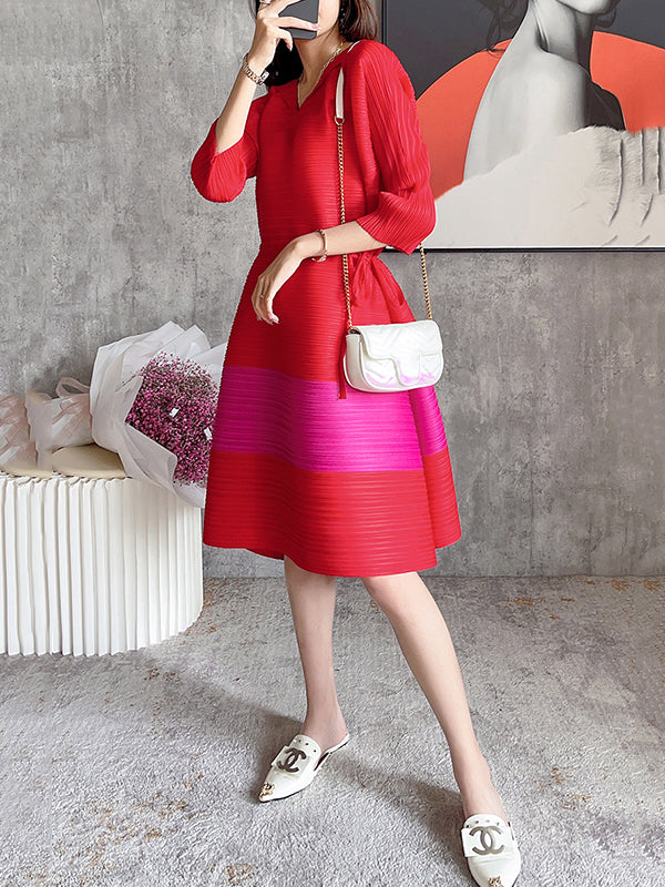 Fashion Irregular Contrast Color Pleated Drawstring Midi Dress