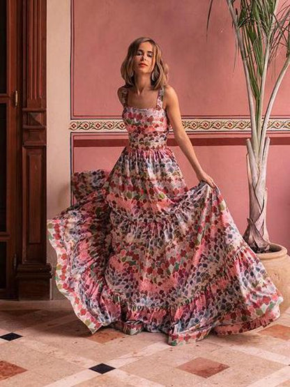 Floral Empired Spaghetti-neck Maxi Dress