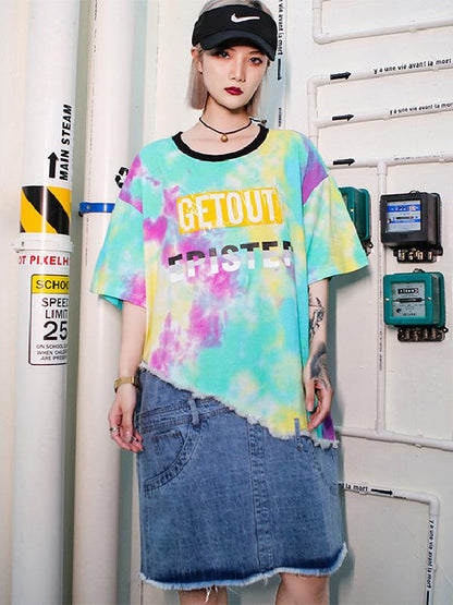 Loose Denim Fringed Split-joint Printed T-Shirt Dress