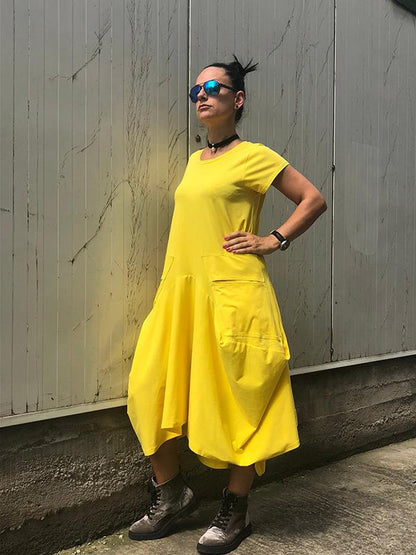 Short Sleeve Double Pockets Irregular Maxi Dress