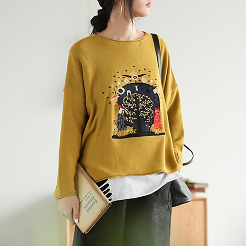Buykud Casual Loose Embroidery Cartoon Pullover Blouse