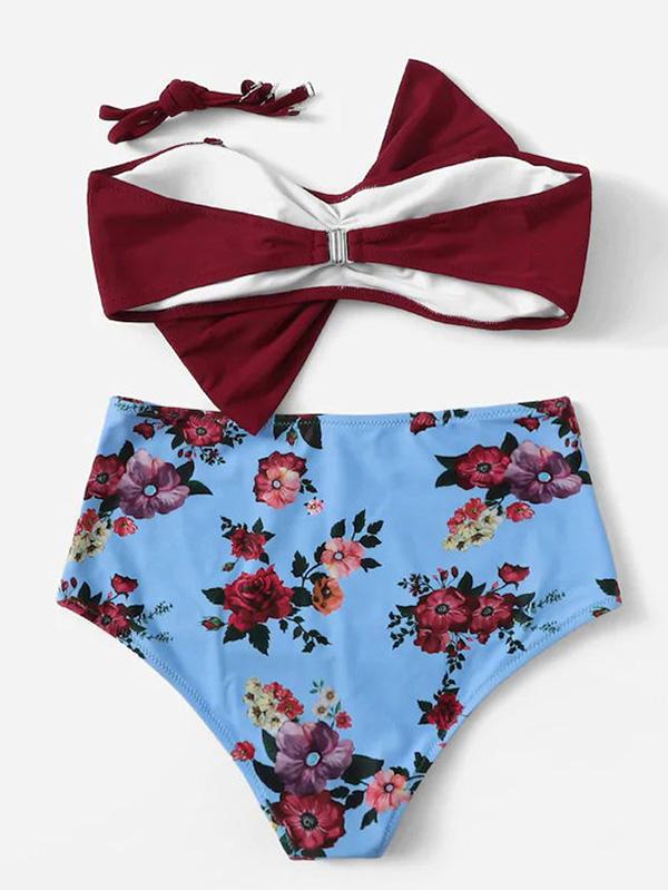 Floral-Print Bowknot Bandeau Split Bikini Swimsuit