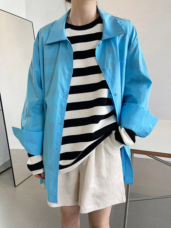 Simple Solid Color Split-Joint With Pocket Buttoned Lapel Collar Long Sleeves Blouse