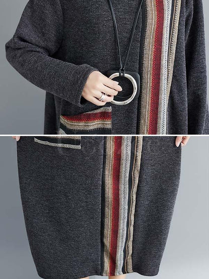 Casual Striped High-neck Midi Dress
