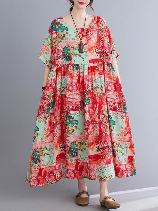 Vintage Floral Printed Round-Neck Short Sleeves Midi Dress