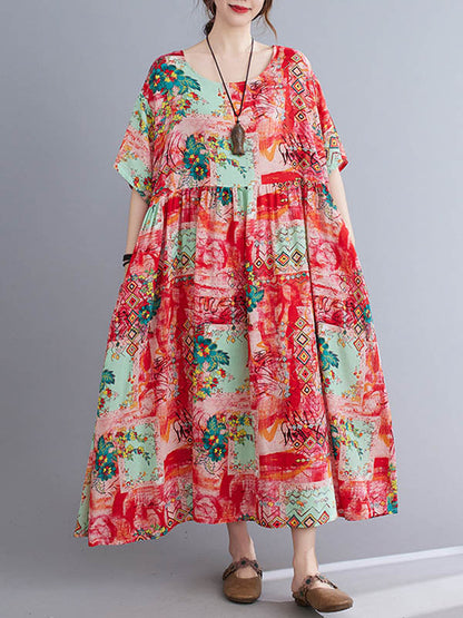 Vintage Floral Printed Round-Neck Short Sleeves Midi Dress