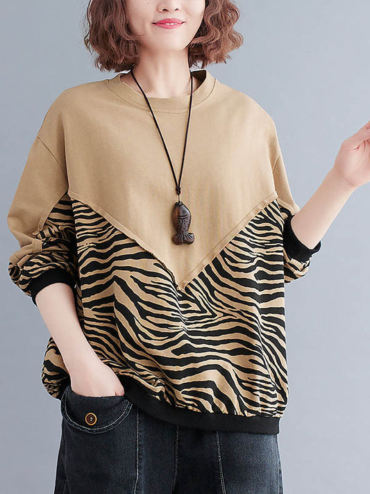 Simple Zebra Striped Contrast Color Round-Neck Long Sleeves Sweatshirts