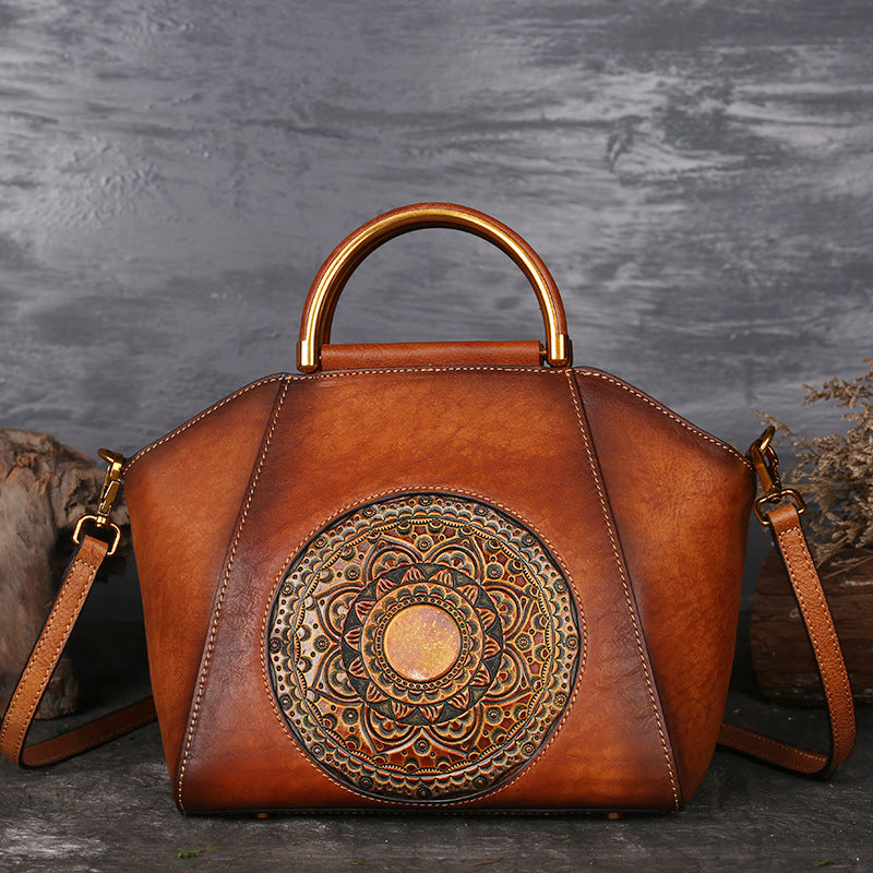 Women Genuine Leather Vintage Totem Designer Handbag Shoulder Bag