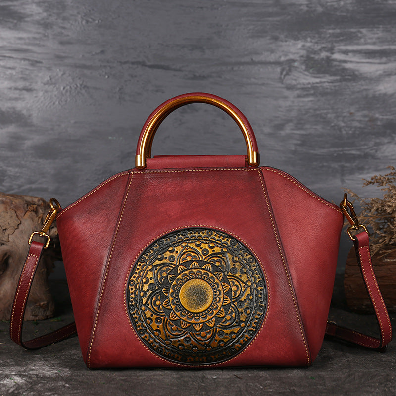 Women Genuine Leather Vintage Totem Designer Handbag Shoulder Bag
