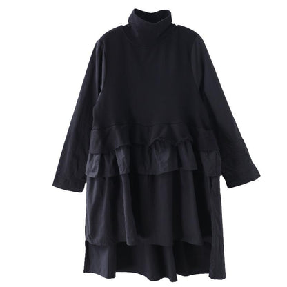 Buykud Turtleneck Pure Color Casual Loose Ruffle Dress