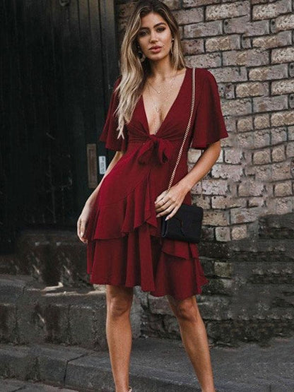 V-neck Bandage Waisted Short Sleeves Mini Dress