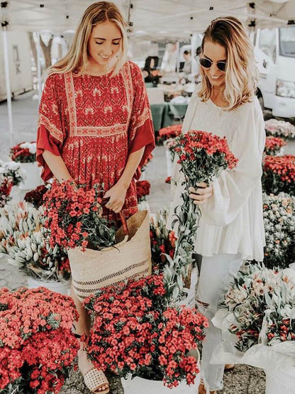 Retro Round Neck Floral Loose Mini Dress