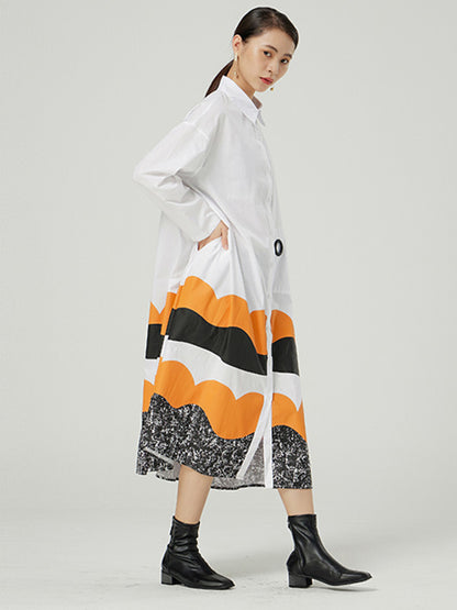 Original Buttoned Contrast Color Lapel Long Sleeves Midi Dress