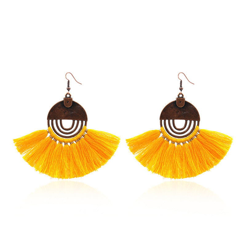 Fashionable hollow-out fan-shaped Bohemian tassel earrings