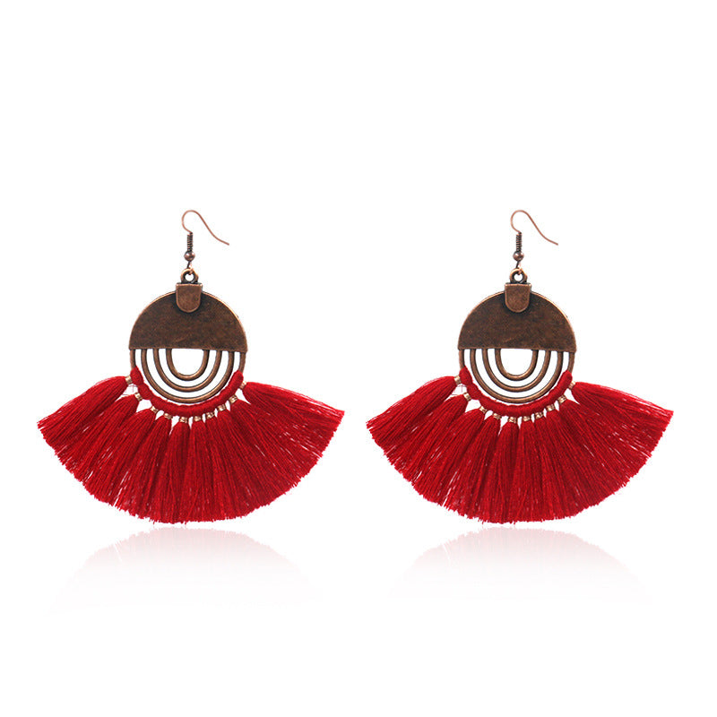 Fashionable hollow-out fan-shaped Bohemian tassel earrings