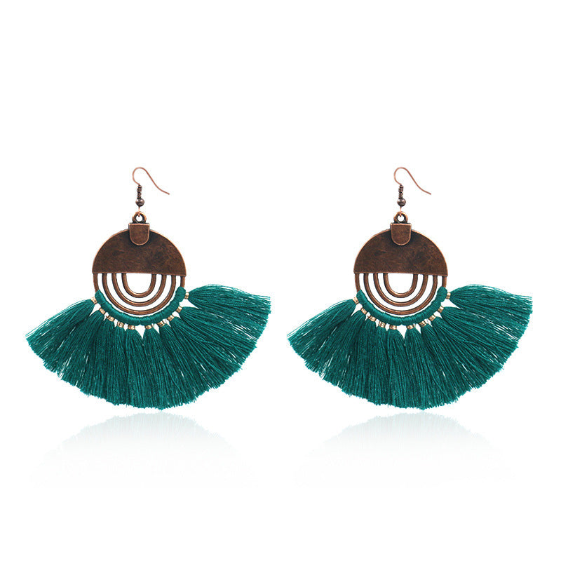 Fashionable hollow-out fan-shaped Bohemian tassel earrings