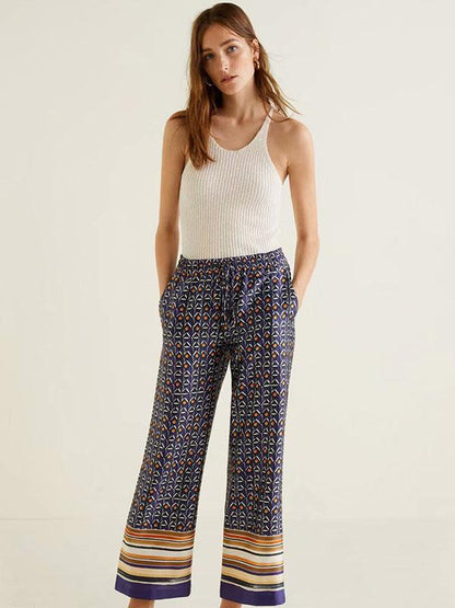 Navy Blue Floral Wide Leg Casual Pants