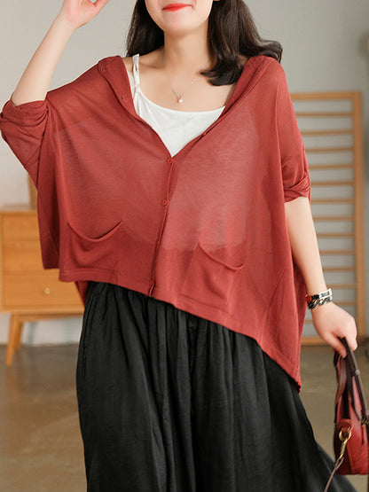Casual Batwing Sleeve Hooded High-Low V-Neck Buttoned Cardigans